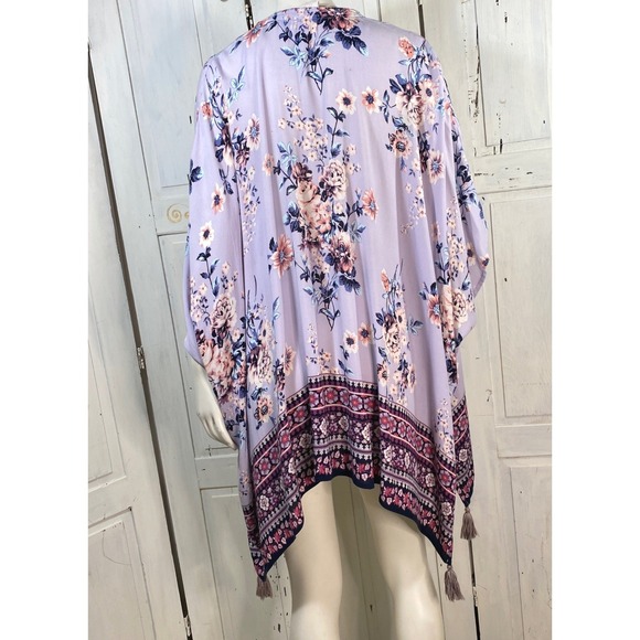 Knox Rose Lavender Floral Tassel Kimono Cardigan Open Front Boho Romantic ML - Picture 3 of 8